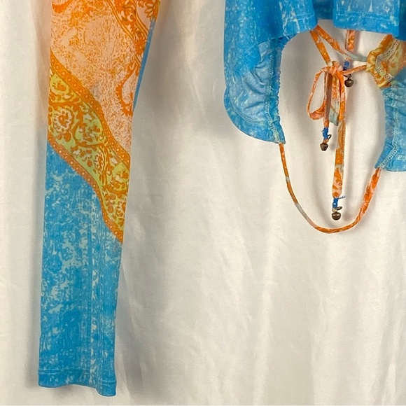 Free People Women's Paisley Boho Long Sleeve Mesh Cropped Open Back Top Size XS - Picture 5 of 16